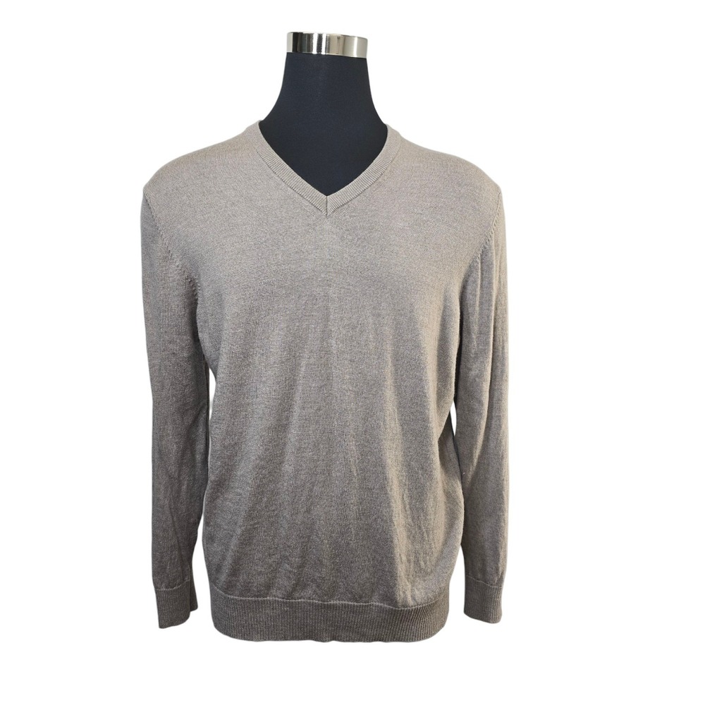 Thomas Dean Beige V-neck Men's Pullover Sweater Merino Wool Preppy Casual‎ XL